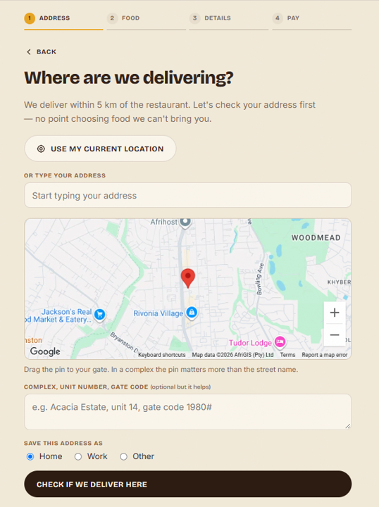 The address step, with a map pin and a delivery radius