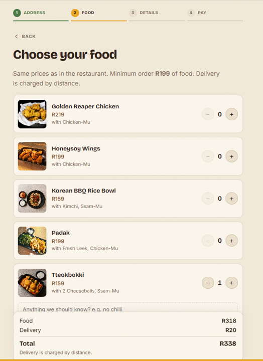 The food step, with in-store prices and the delivery fee in the total