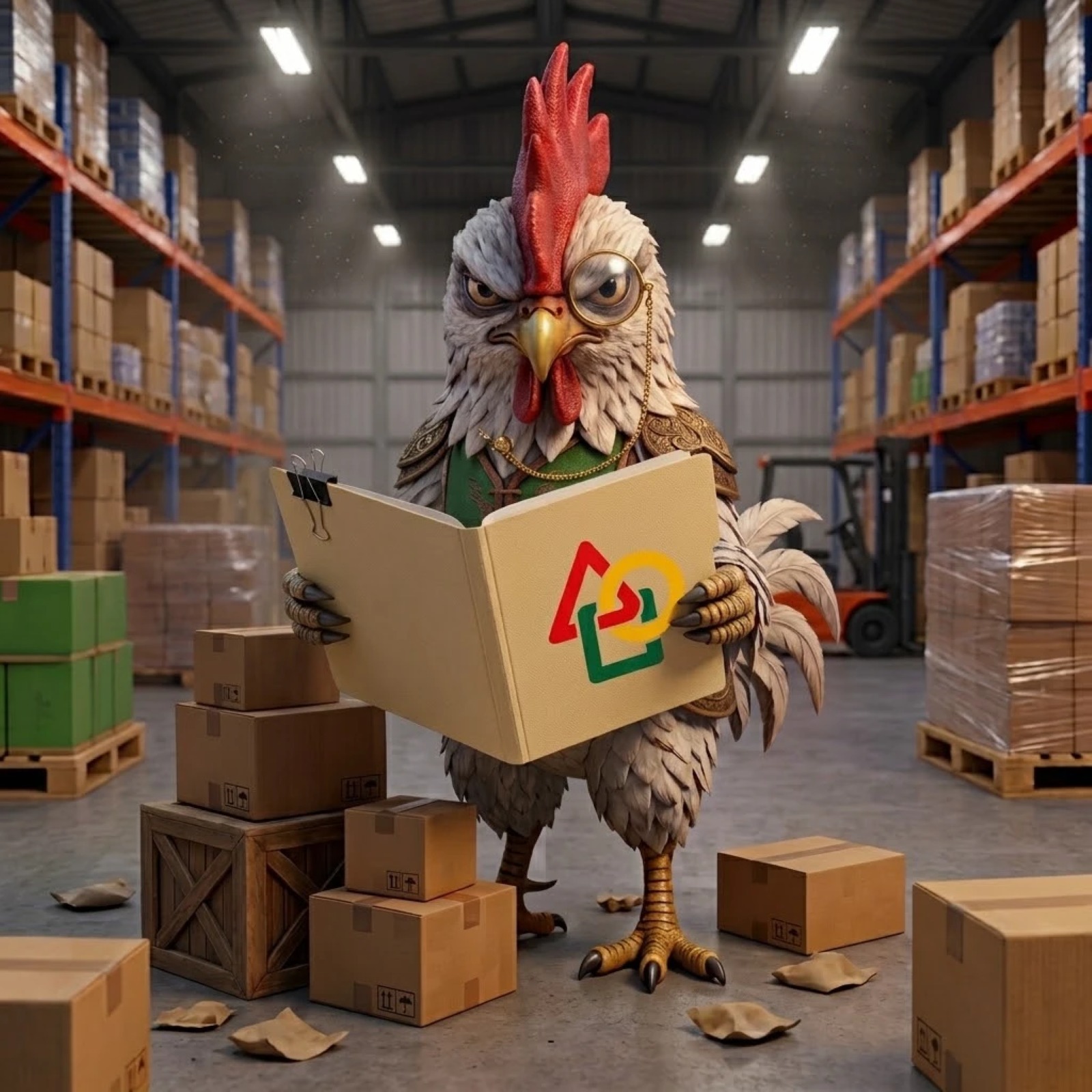 The LEKKER KOREA rooster counting stock in a warehouse